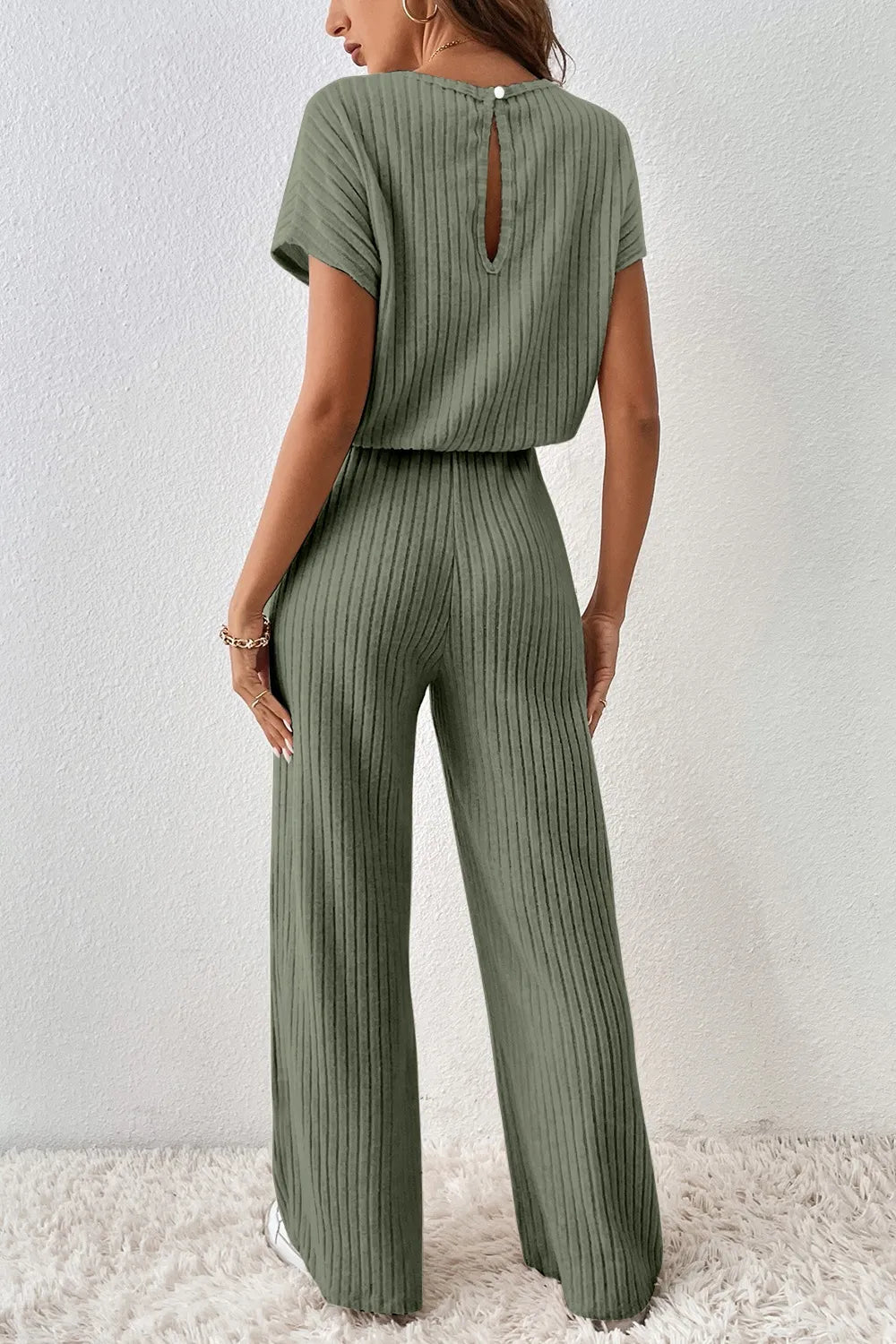 Ribbed Short Sleeve Wide Leg Jumpsuit - Velora Luxury Fashion