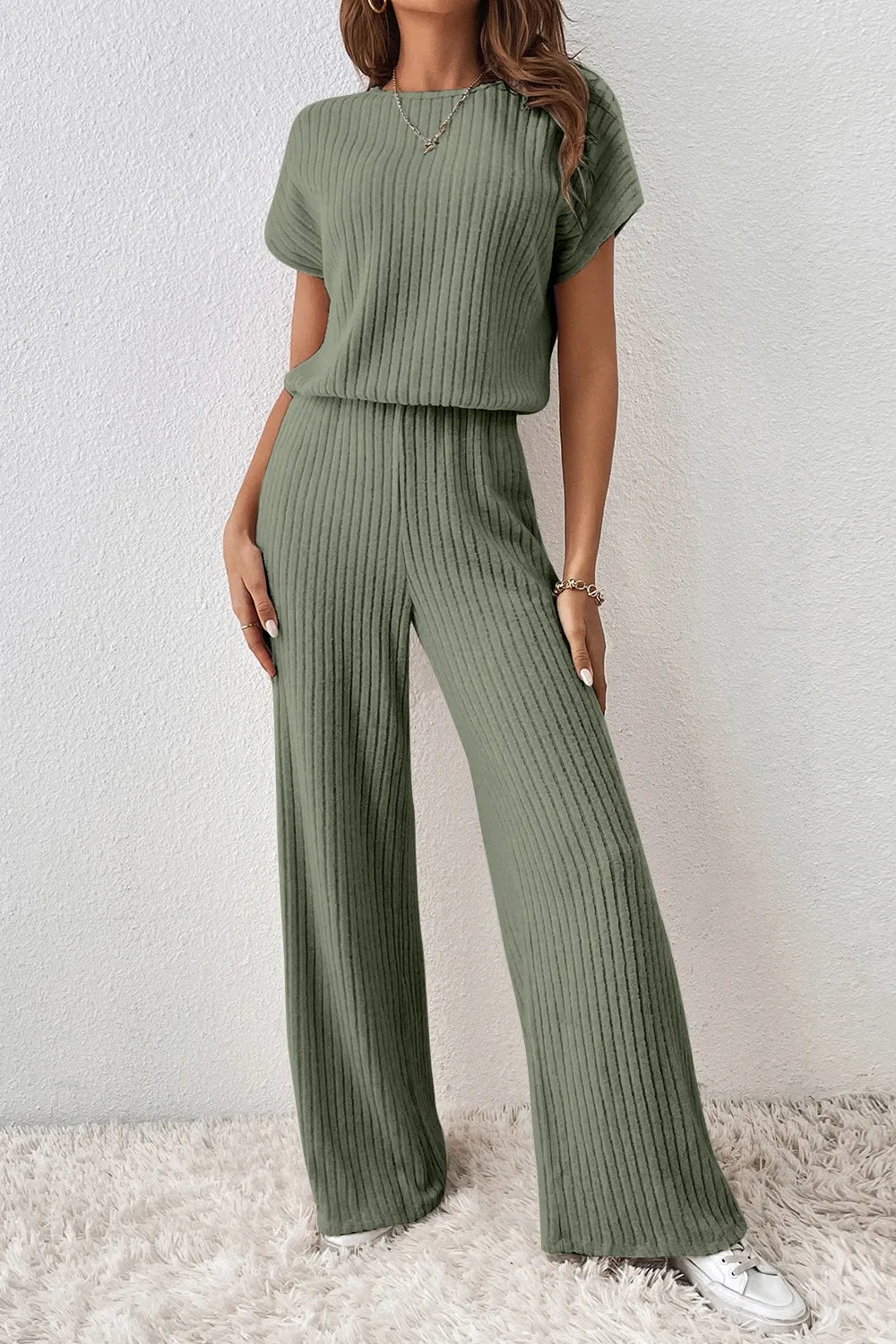 Ribbed Short Sleeve Wide Leg Jumpsuit - Velora Luxury Fashion