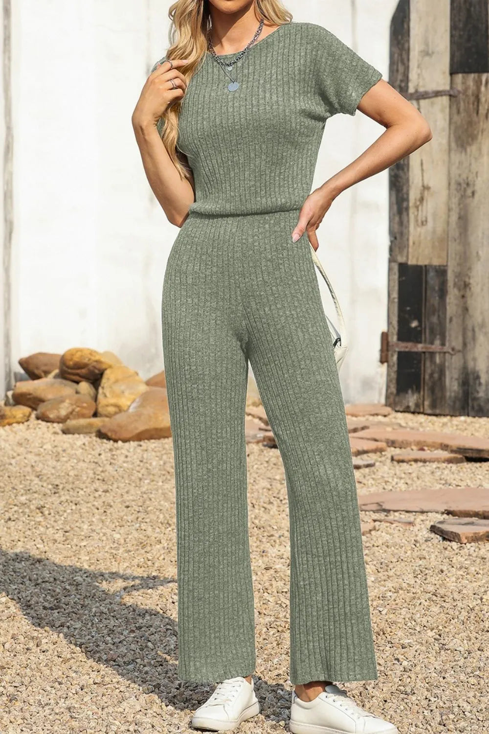 Ribbed Short Sleeve Wide Leg Jumpsuit - Velora Luxury Fashion
