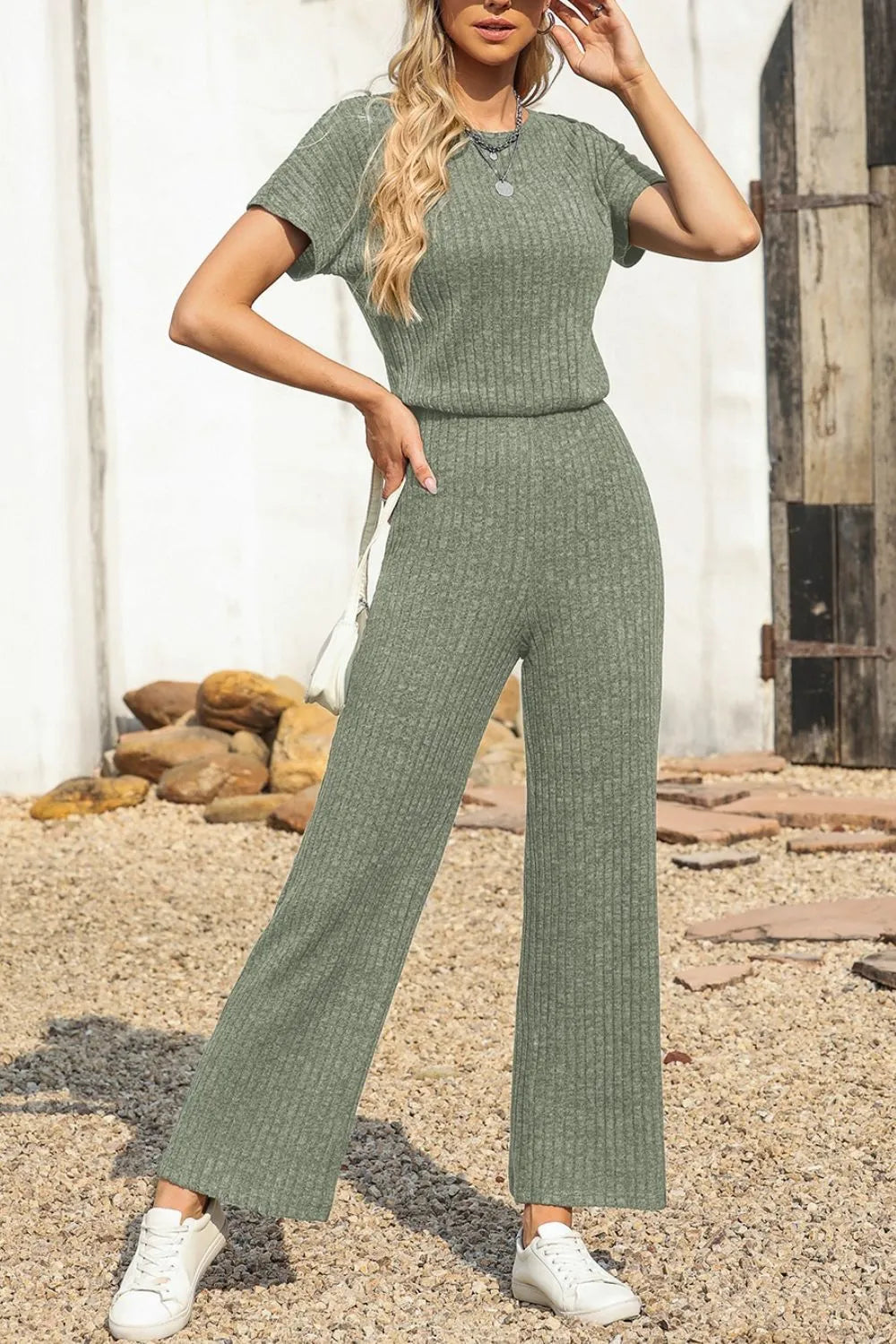 Ribbed Short Sleeve Wide Leg Jumpsuit - Velora Luxury Fashion