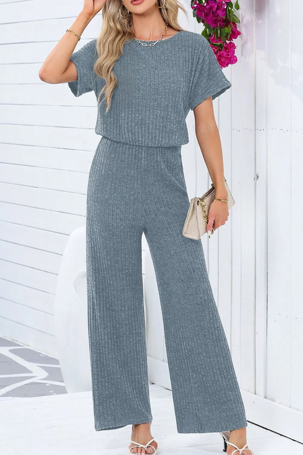 Ribbed Short Sleeve Wide Leg Jumpsuit - Velora Luxury Fashion
