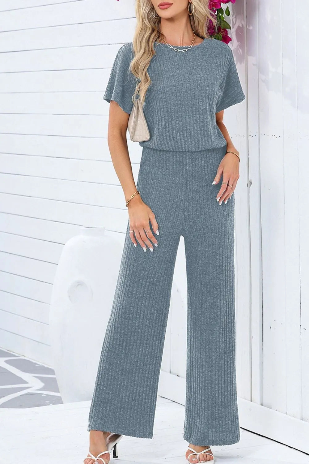 Ribbed Short Sleeve Wide Leg Jumpsuit - Velora Luxury Fashion