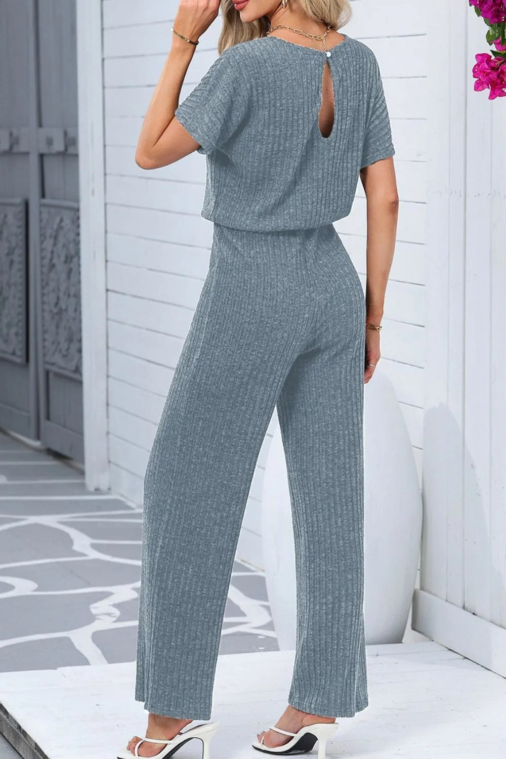 Ribbed Short Sleeve Wide Leg Jumpsuit - Velora Luxury Fashion