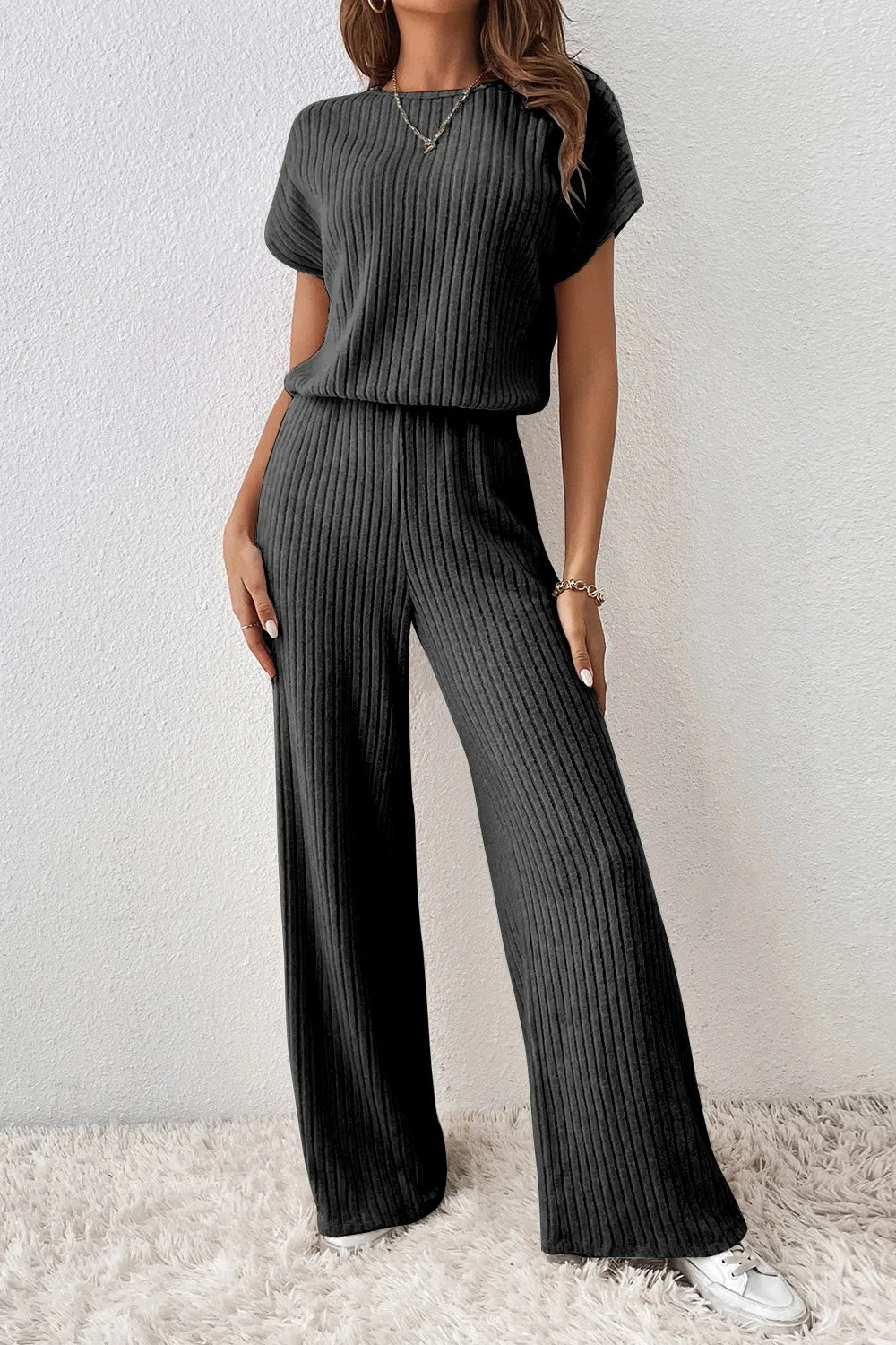 Ribbed Short Sleeve Wide Leg Jumpsuit - Velora Luxury Fashion