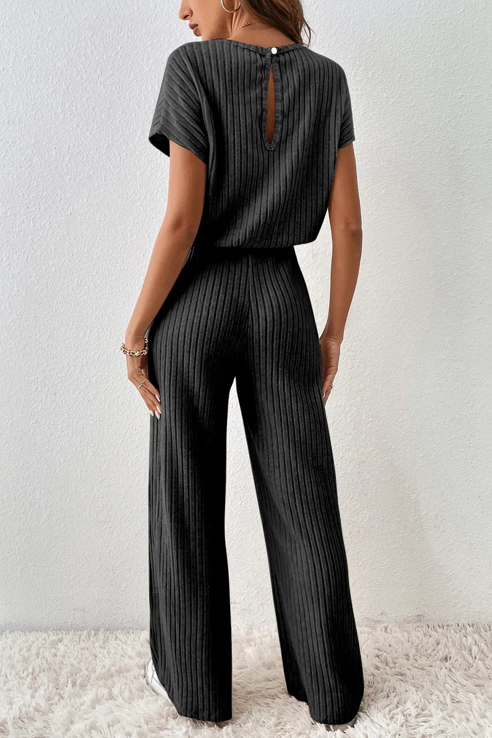 Ribbed Short Sleeve Wide Leg Jumpsuit - Velora Luxury Fashion