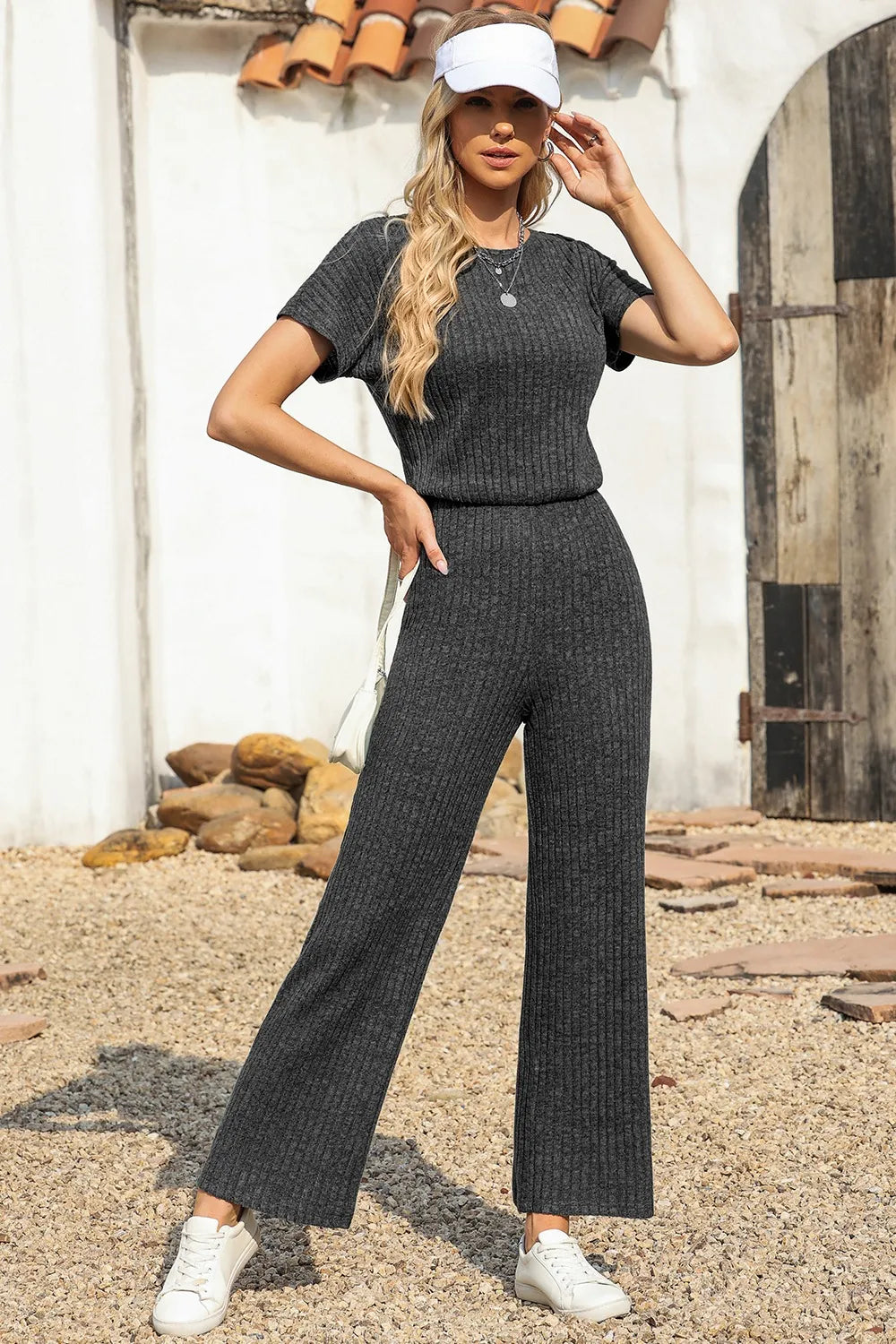 Ribbed Short Sleeve Wide Leg Jumpsuit - Velora Luxury Fashion