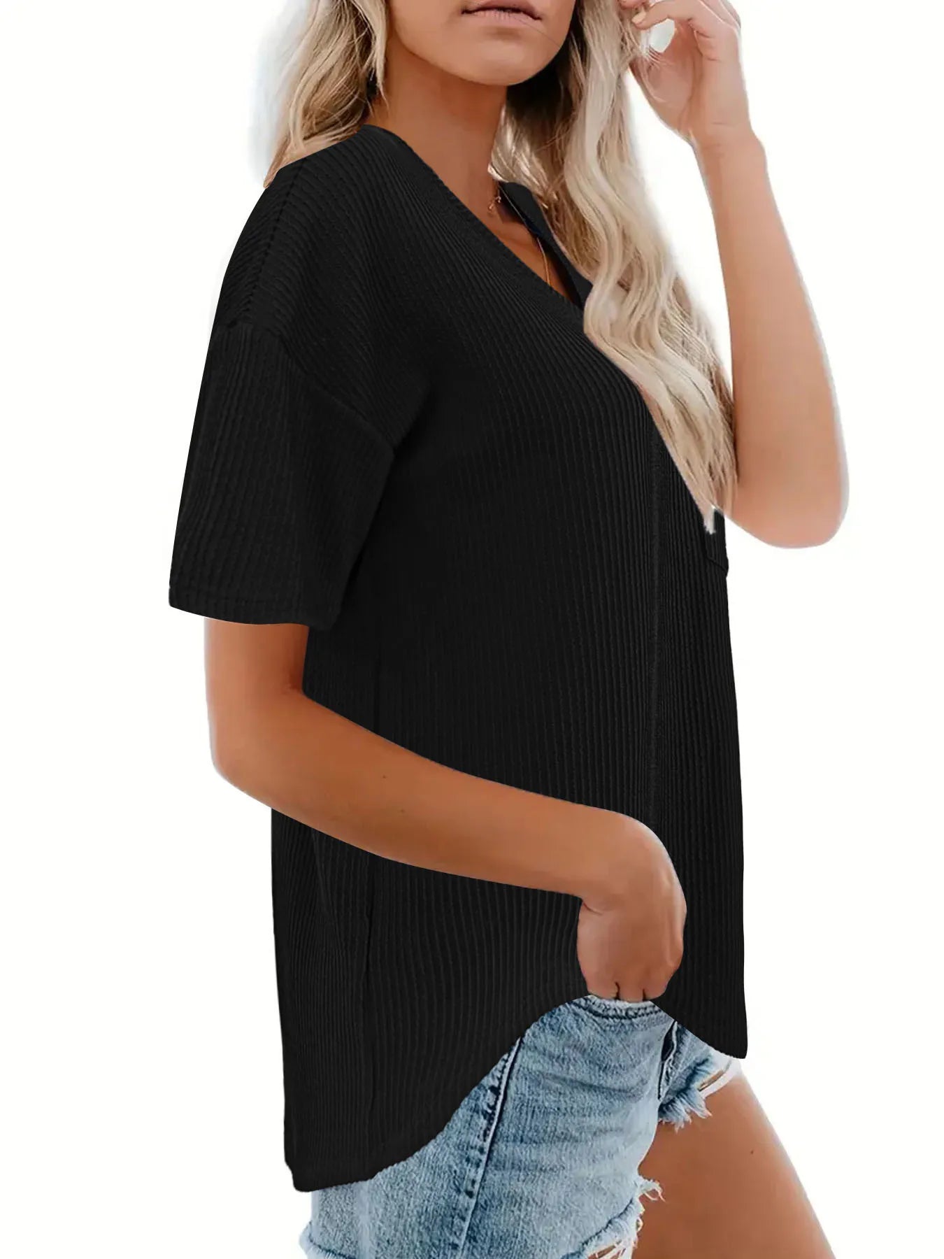 Ribbed V-Neck Oversized T-Shirt - Velora Luxury Fashion