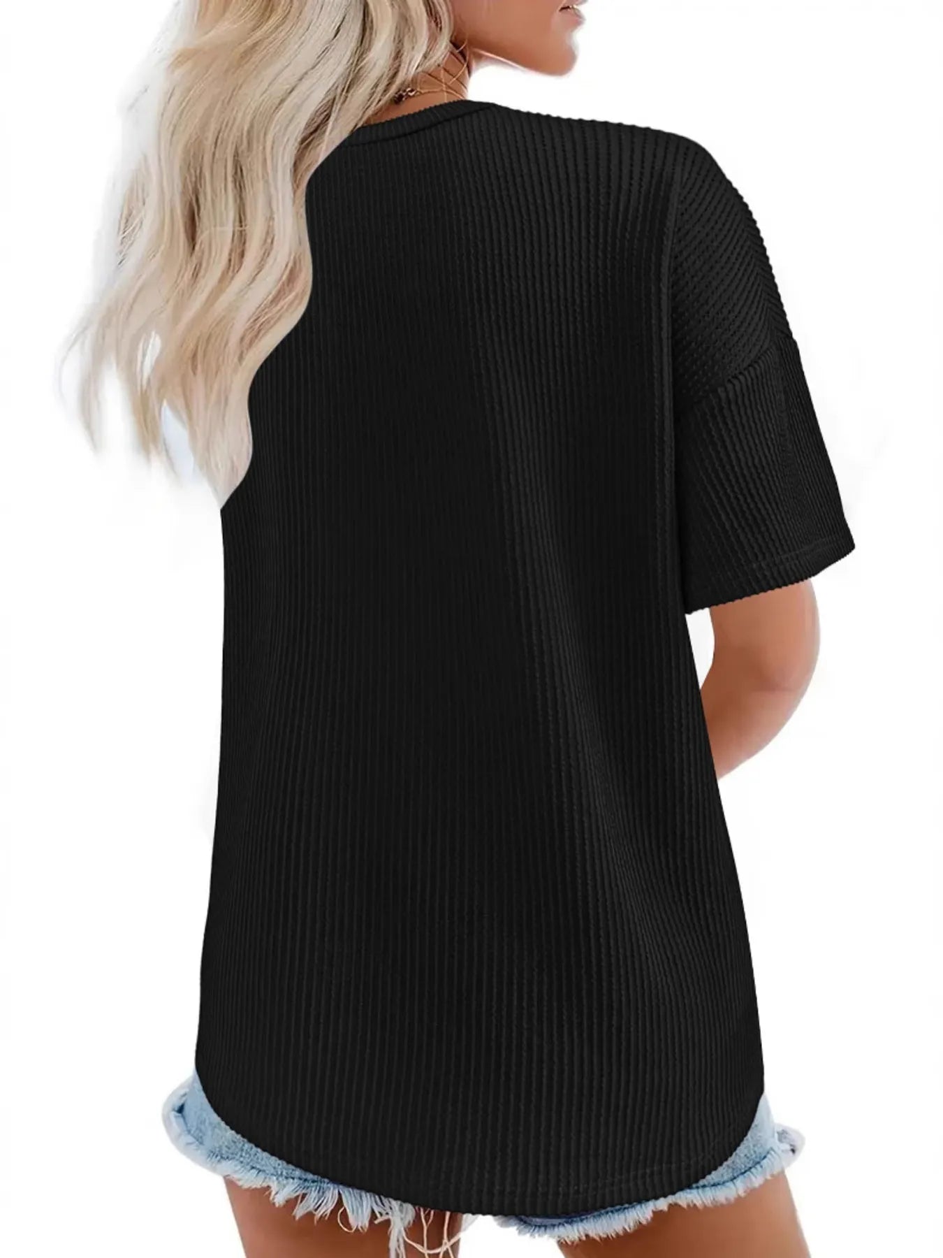 Ribbed V-Neck Oversized T-Shirt - Velora Luxury Fashion