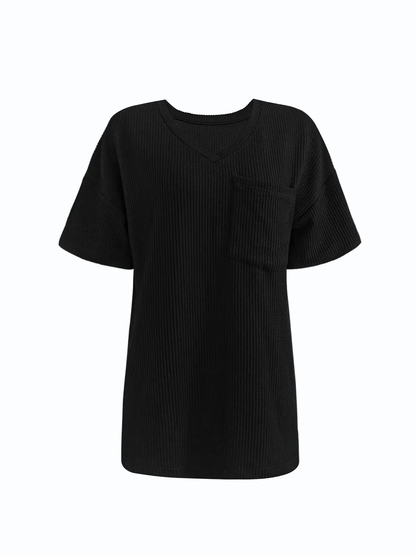 Ribbed V-Neck Oversized T-Shirt - Velora Luxury Fashion