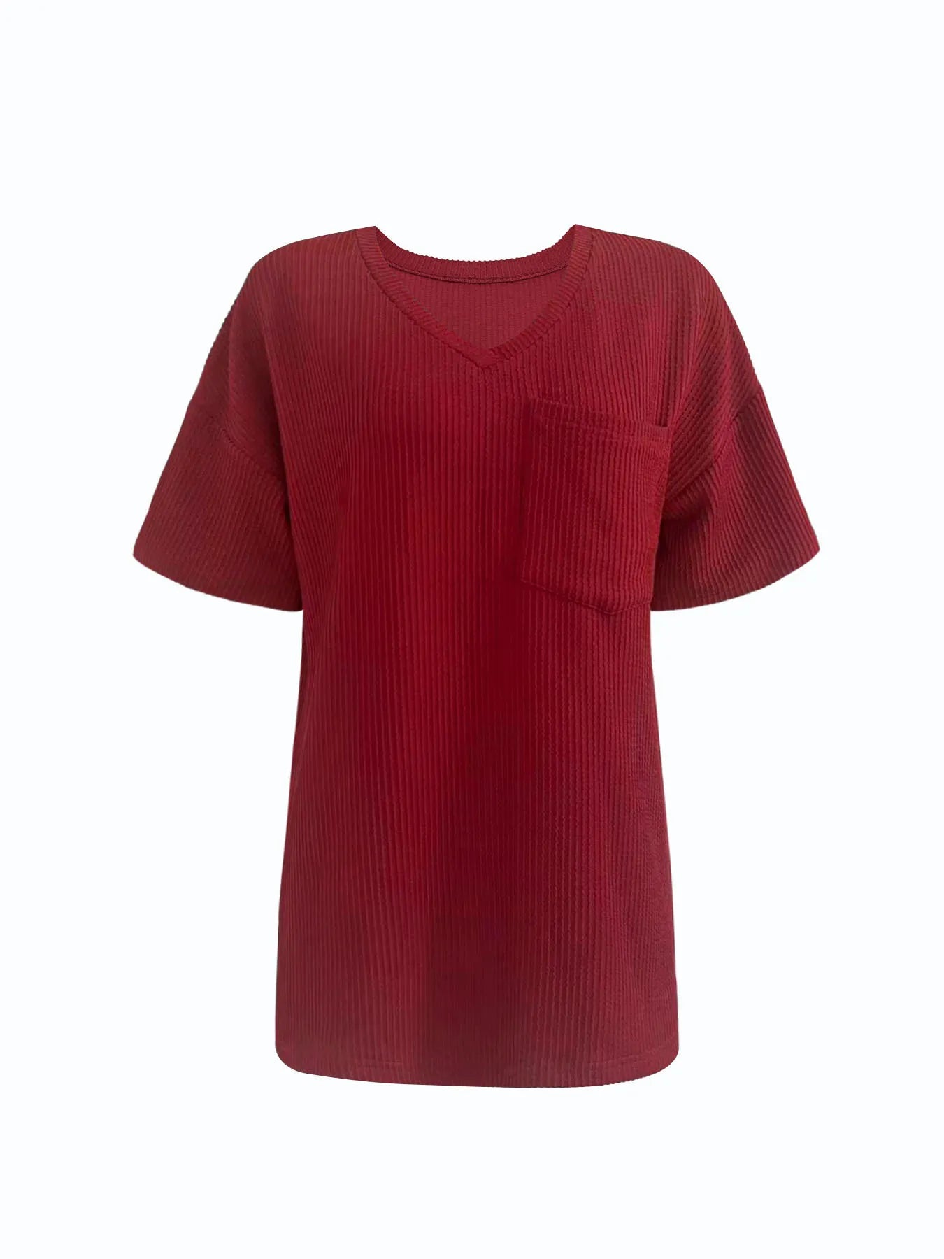 Ribbed V-Neck Oversized T-Shirt - Velora Luxury Fashion