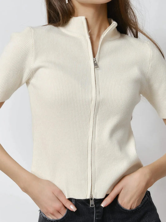Ribbed Zip-Up Cardigan - Velora Luxury Fashion