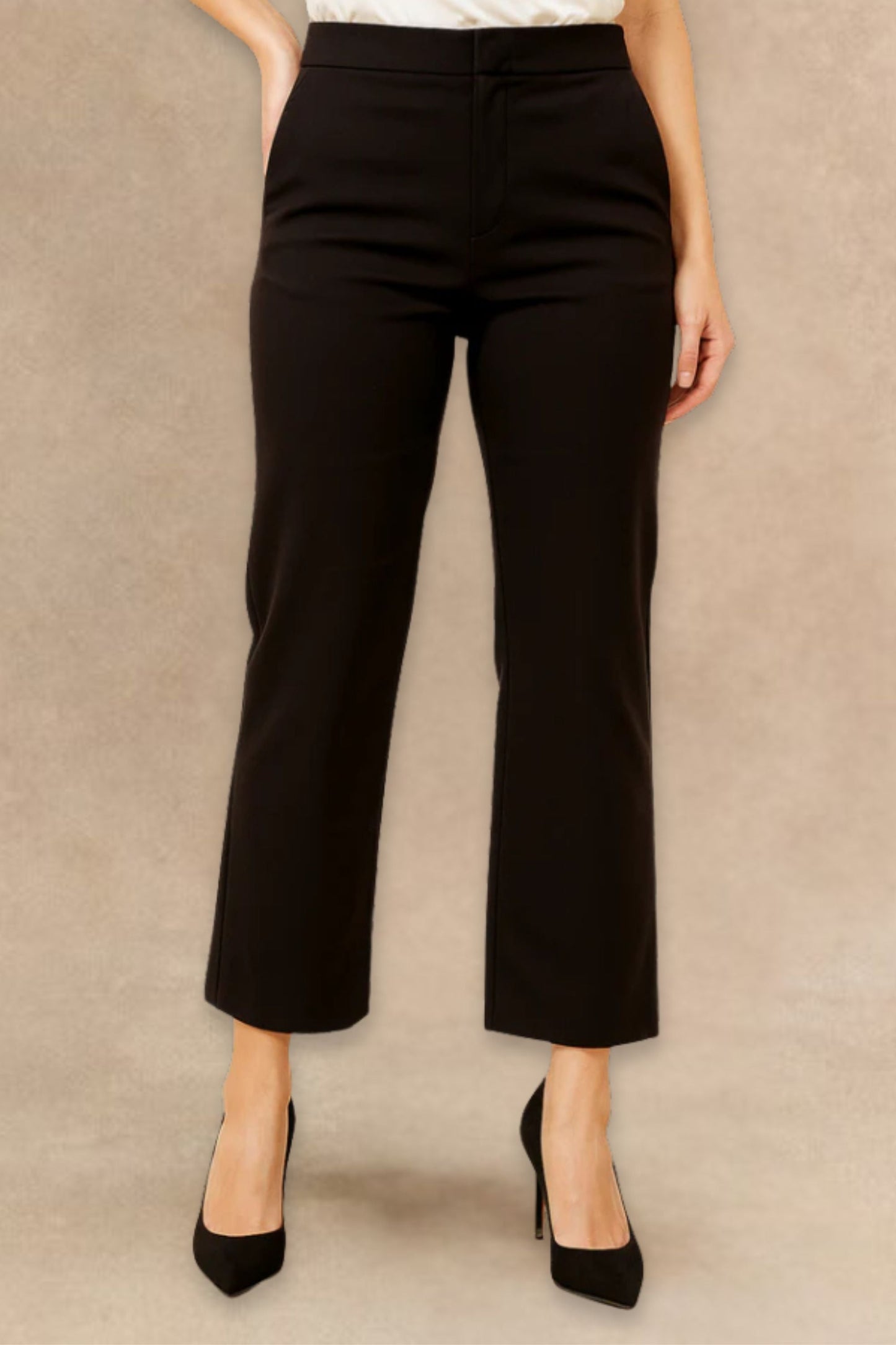 Romy Black Tailored Cropped Pants Clean Front Sli m Straight Leg - Velora Luxury Fashion