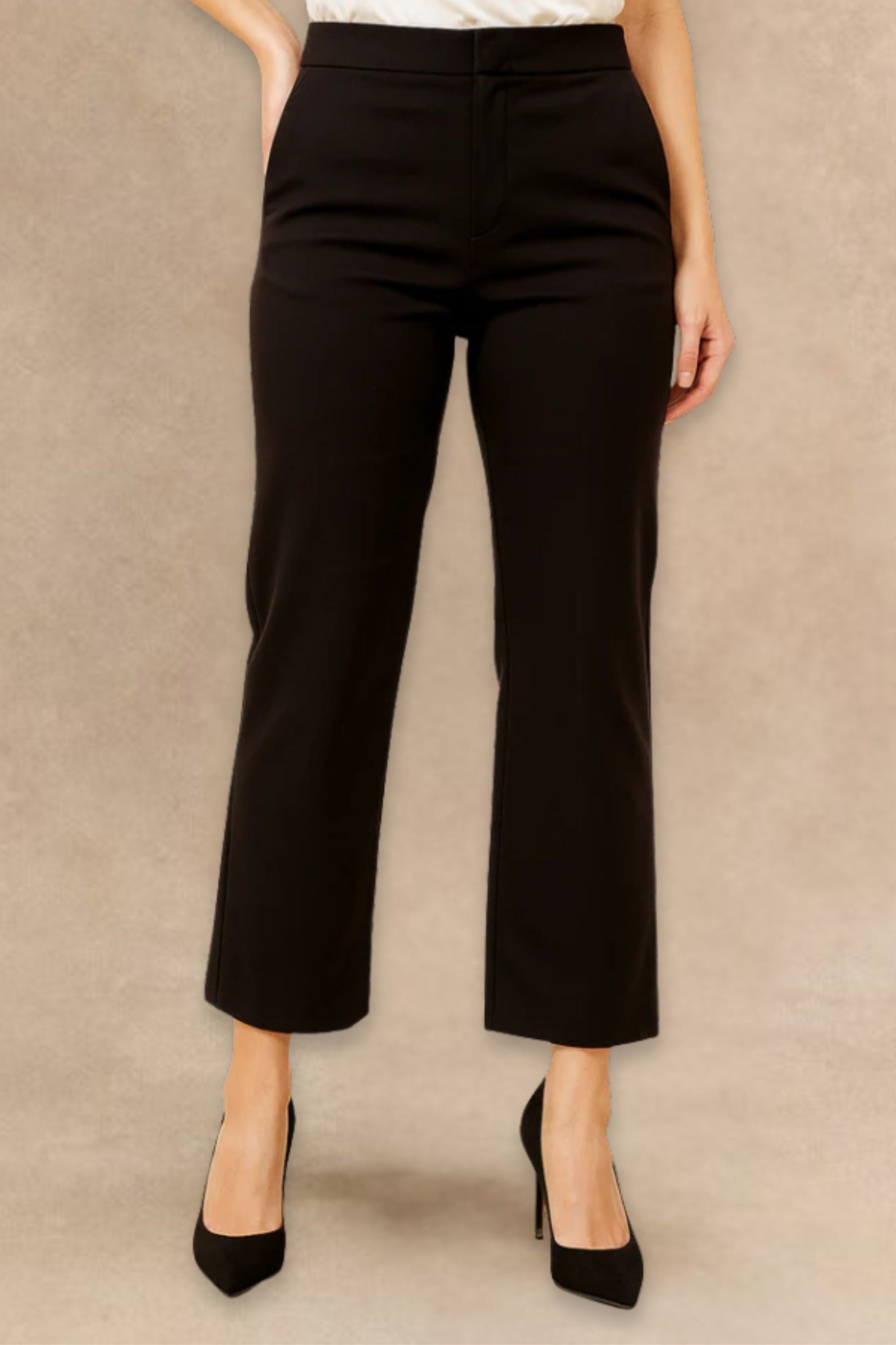 Romy Black Tailored Cropped Pants Clean Front Sli m Straight Leg - Velora Luxury Fashion