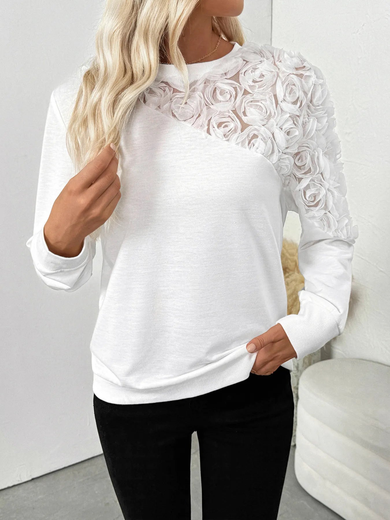 Rose Embroidered Long Sleeve Sweatshirt - Velora Luxury Fashion