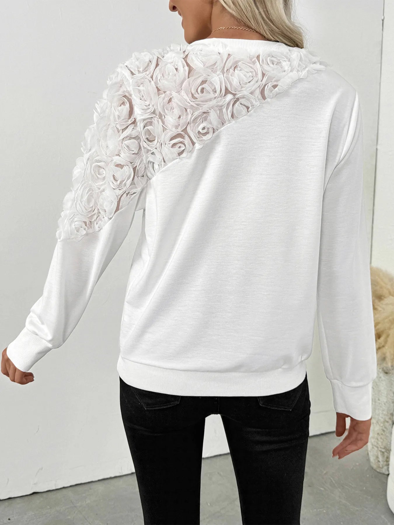 Rose Embroidered Long Sleeve Sweatshirt - Velora Luxury Fashion