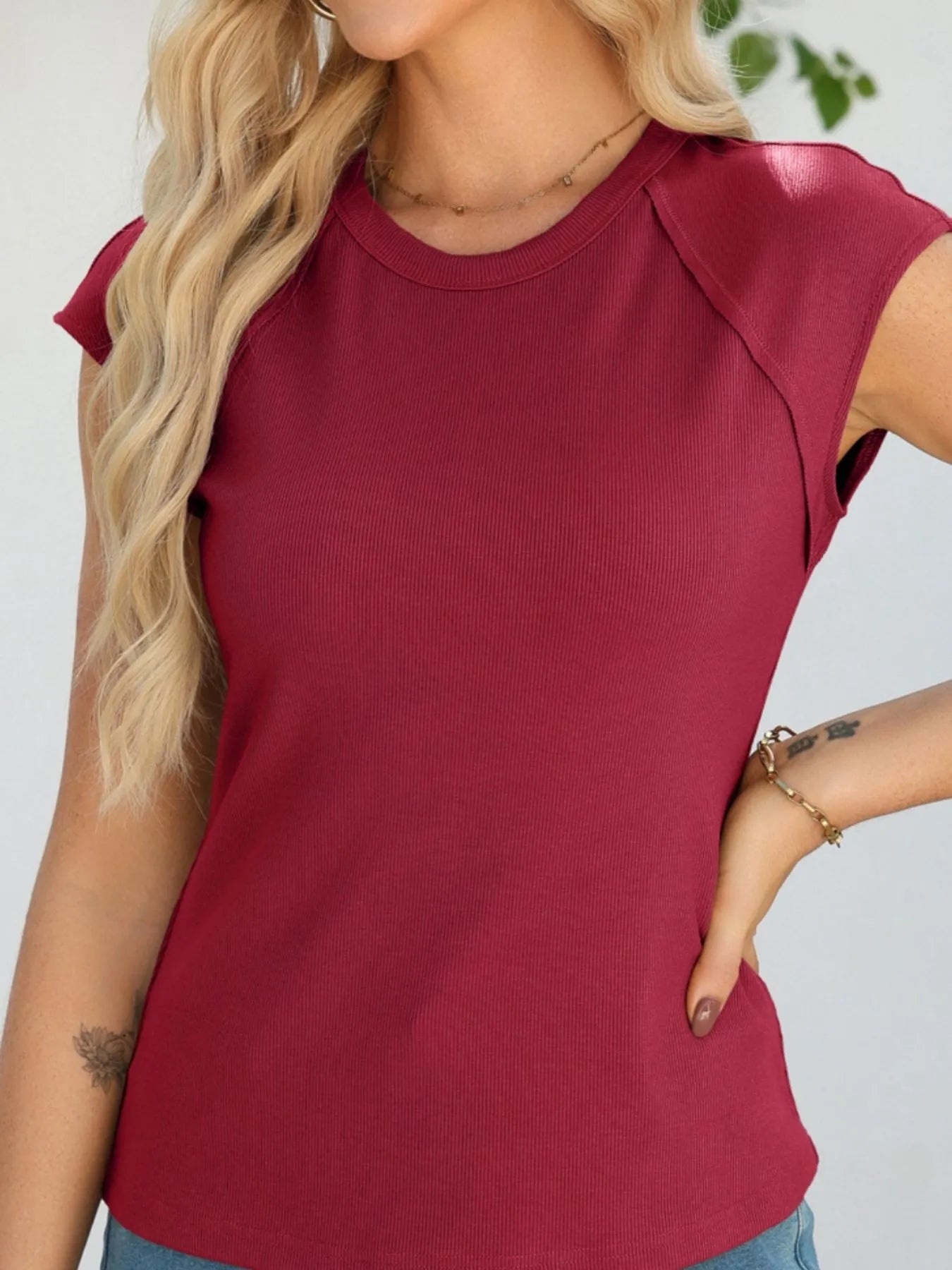 Round Neck Cap Sleeve T-Shirt - Velora Luxury Fashion