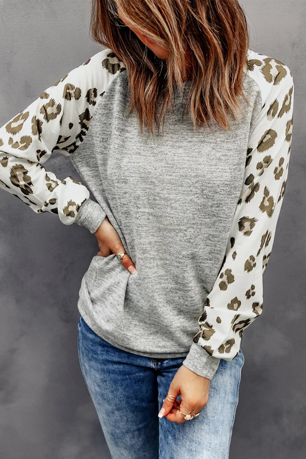 Round Neck Leopard Print Raglan Sleeve Top - Velora Luxury Fashion