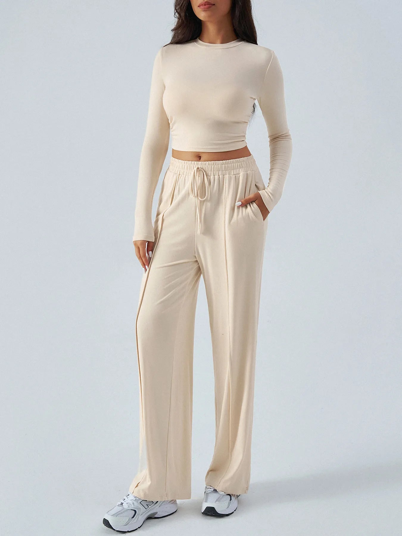 Round Neck Long Sleeve Top and Pants Set - Velora Luxury Fashion