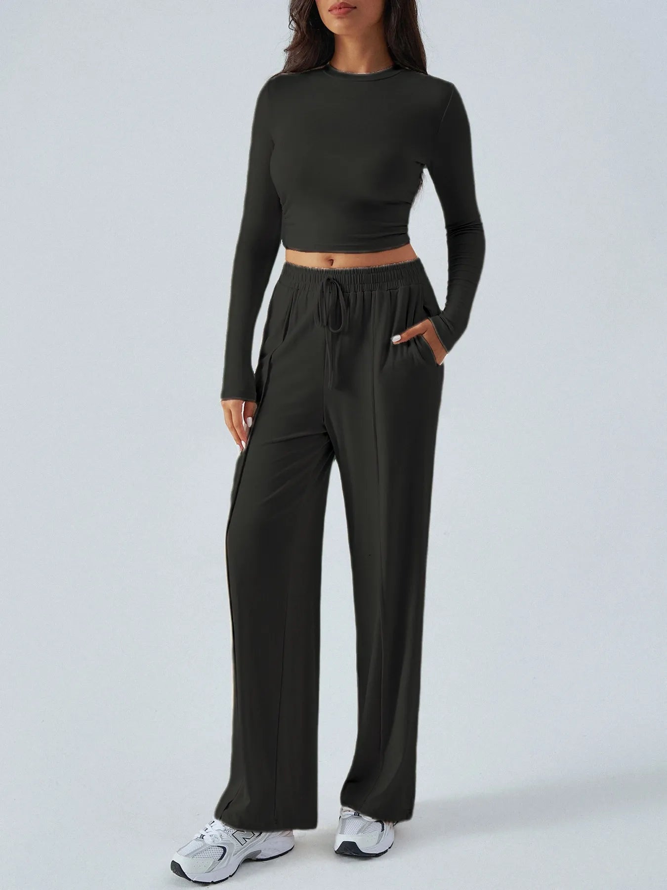 Round Neck Long Sleeve Top and Pants Set - Velora Luxury Fashion