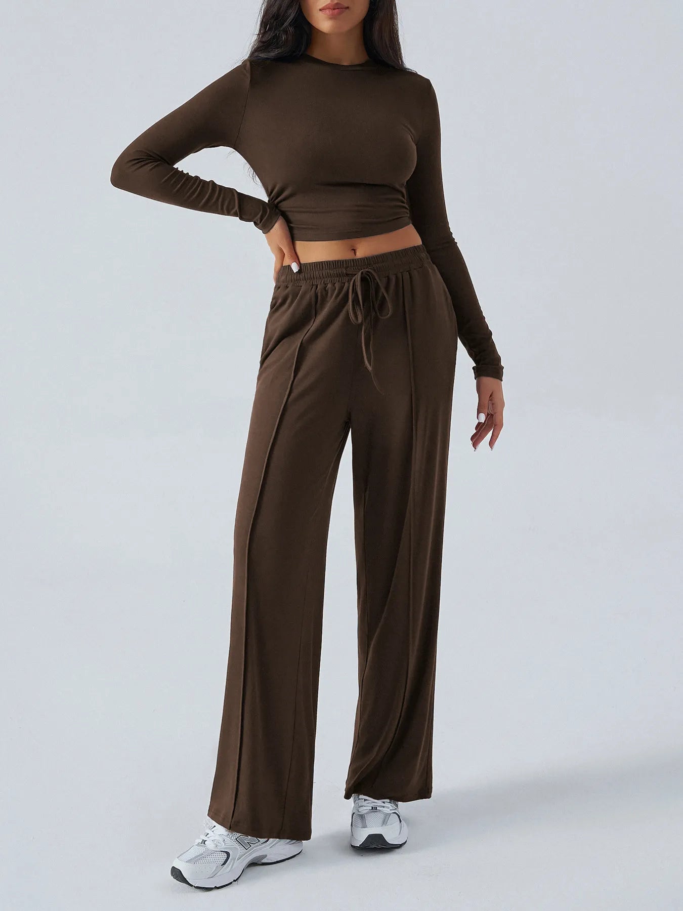 Round Neck Long Sleeve Top and Pants Set - Velora Luxury Fashion