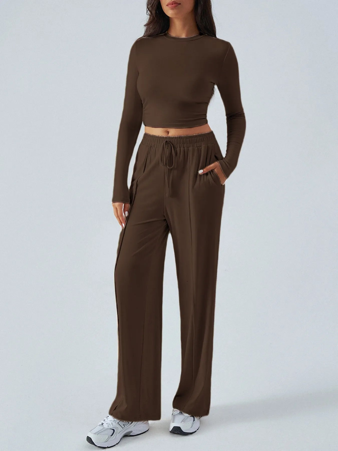 Round Neck Long Sleeve Top and Pants Set - Velora Luxury Fashion