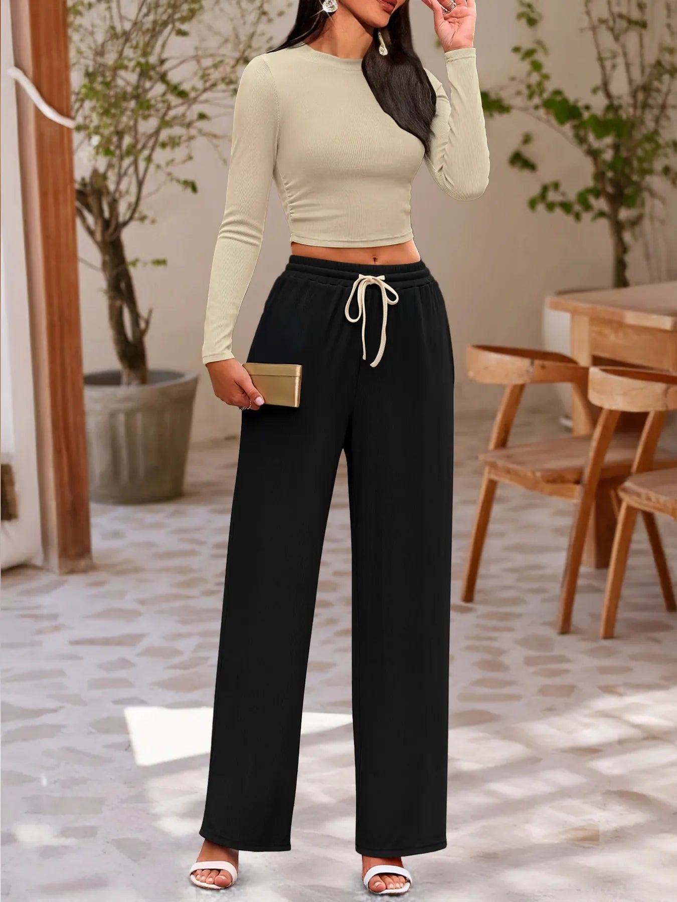 Round Neck Long Sleeve Top and Pants Set - Velora Luxury Fashion