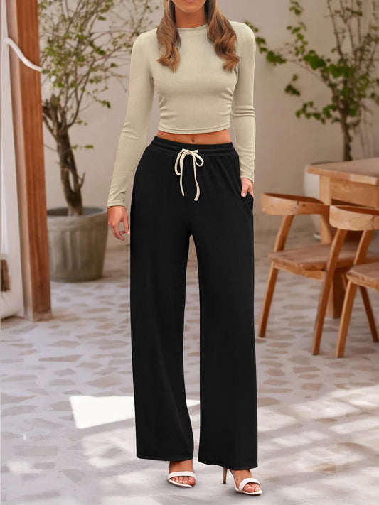 Round Neck Long Sleeve Top and Pants Set - Velora Luxury Fashion