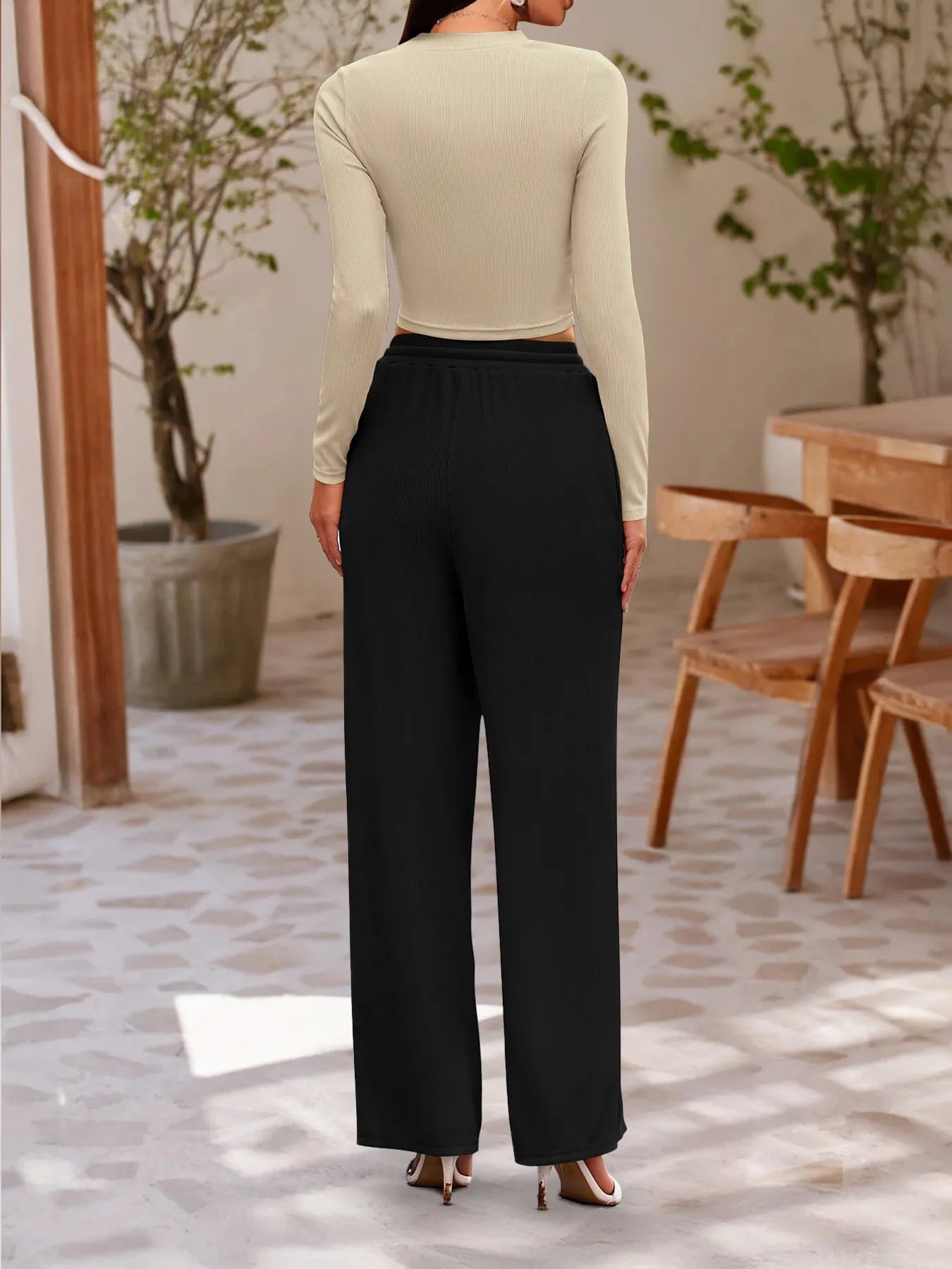 Round Neck Long Sleeve Top and Pants Set - Velora Luxury Fashion