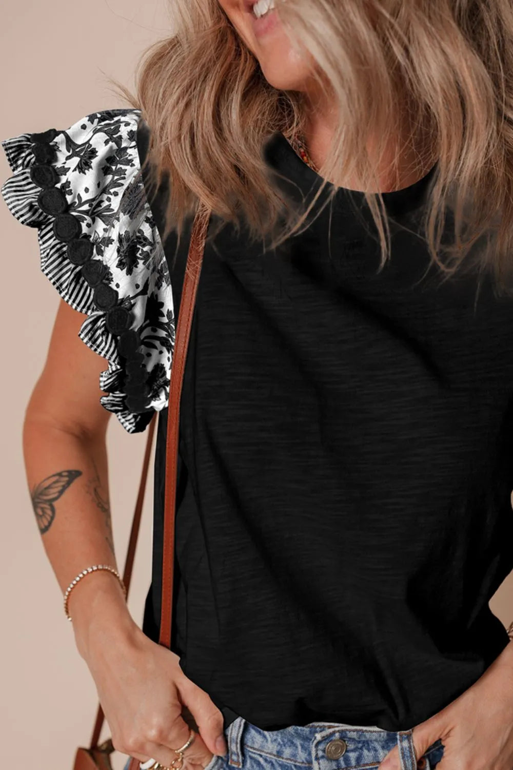 Round Neck Printed Ruffled Cap Sleeve Blouse - Velora Luxury Fashion