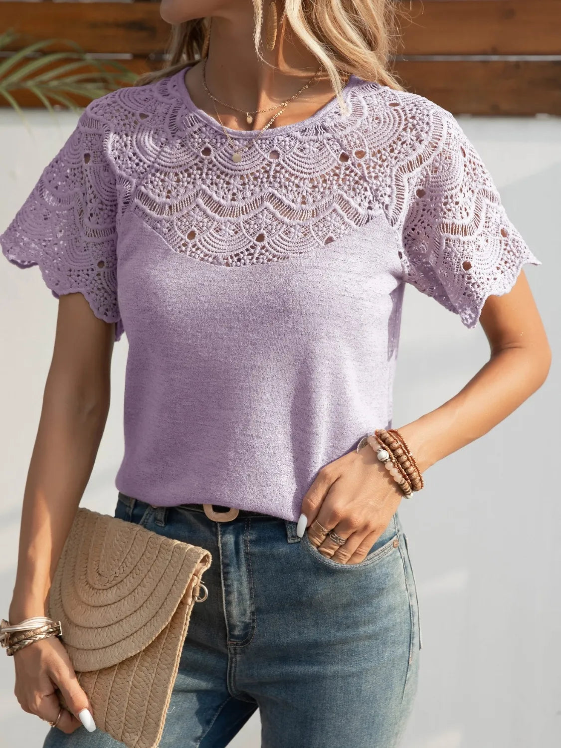 Round Neck Short Sleeve Crochet Top - Velora Luxury Fashion
