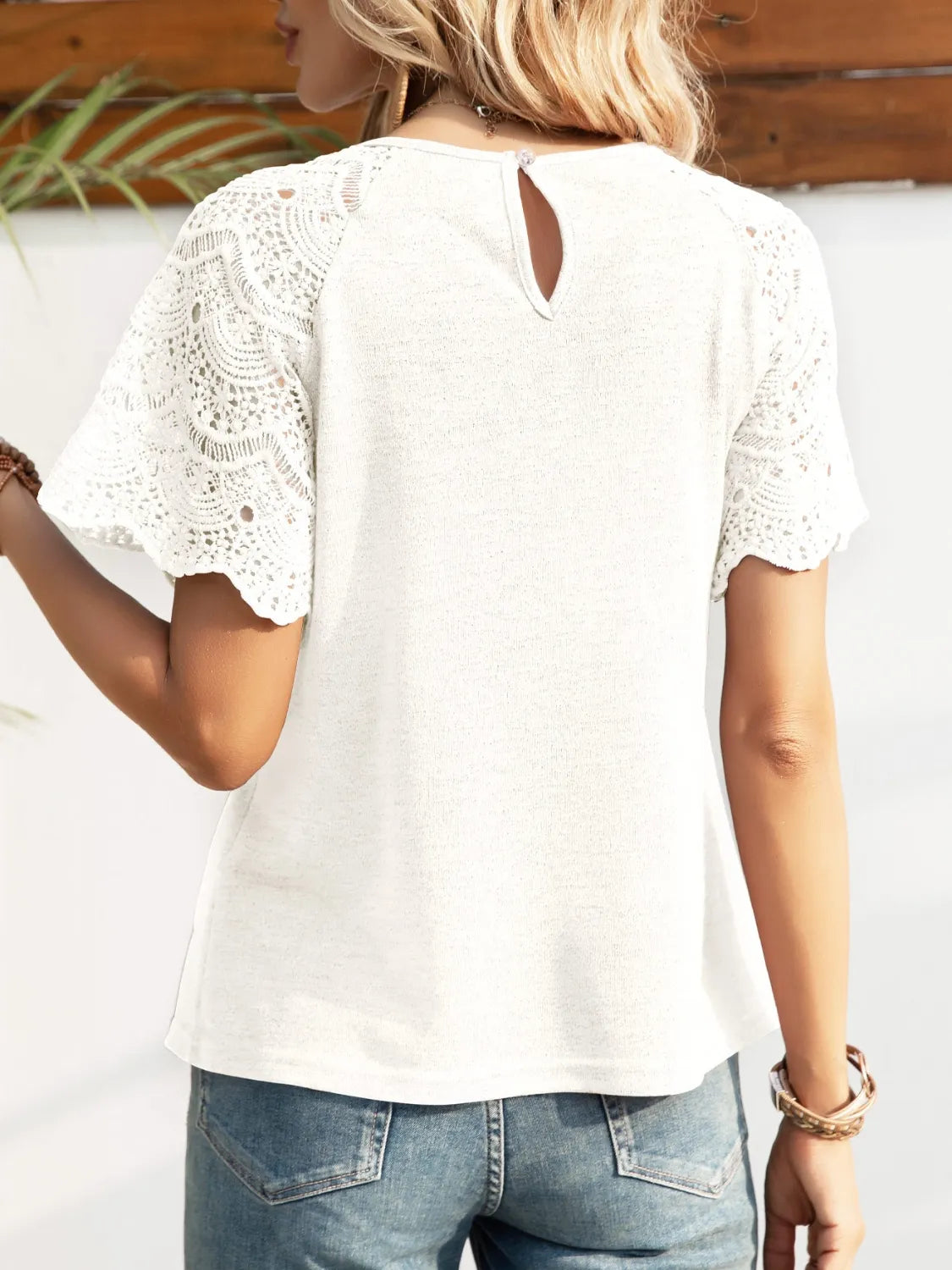 Round Neck Short Sleeve Crochet Top - Velora Luxury Fashion