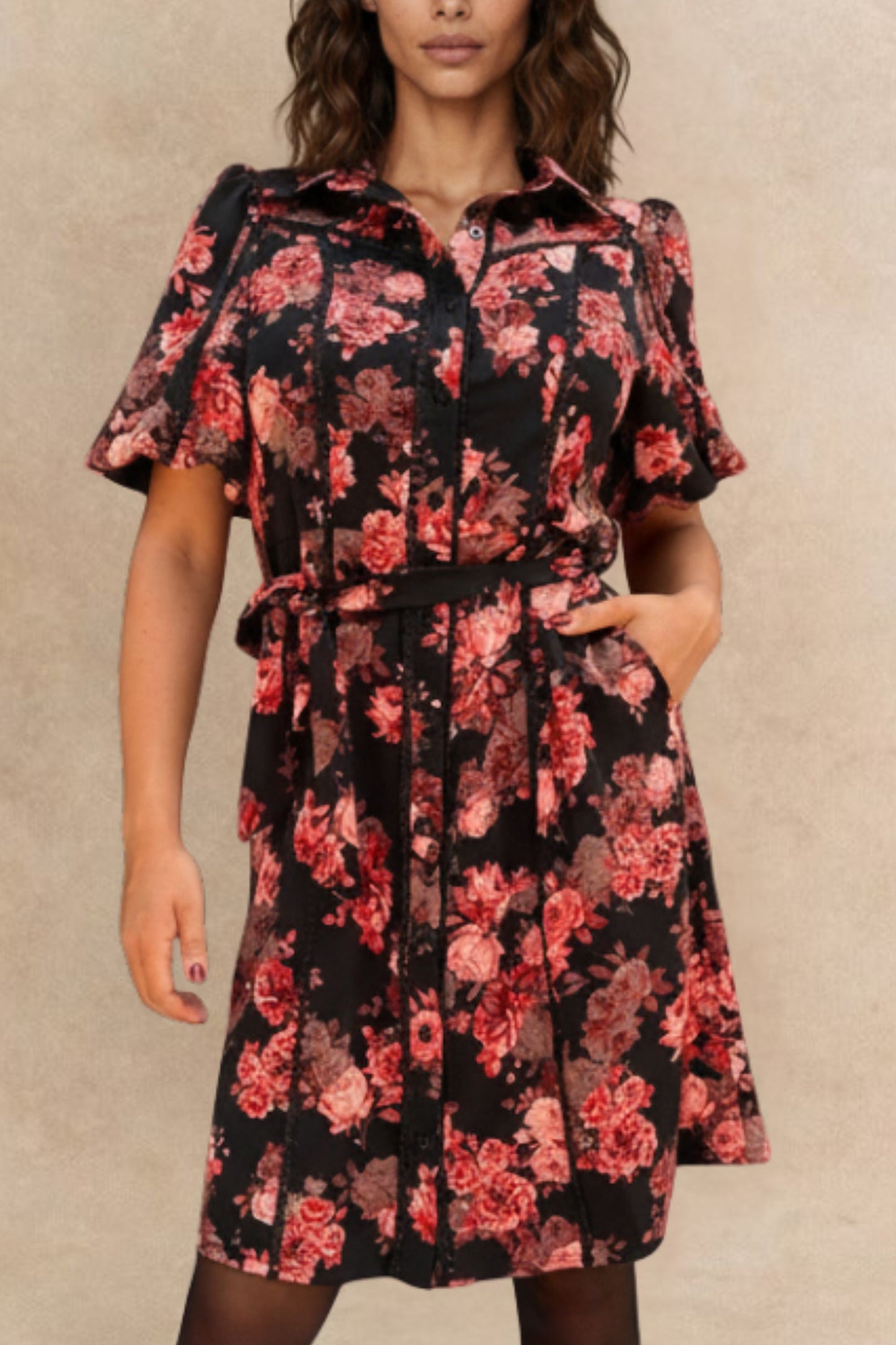 Ruby Black Floral Print Shirt Dress Belted Short Sleeves Button Front - Velora Luxury Fashion