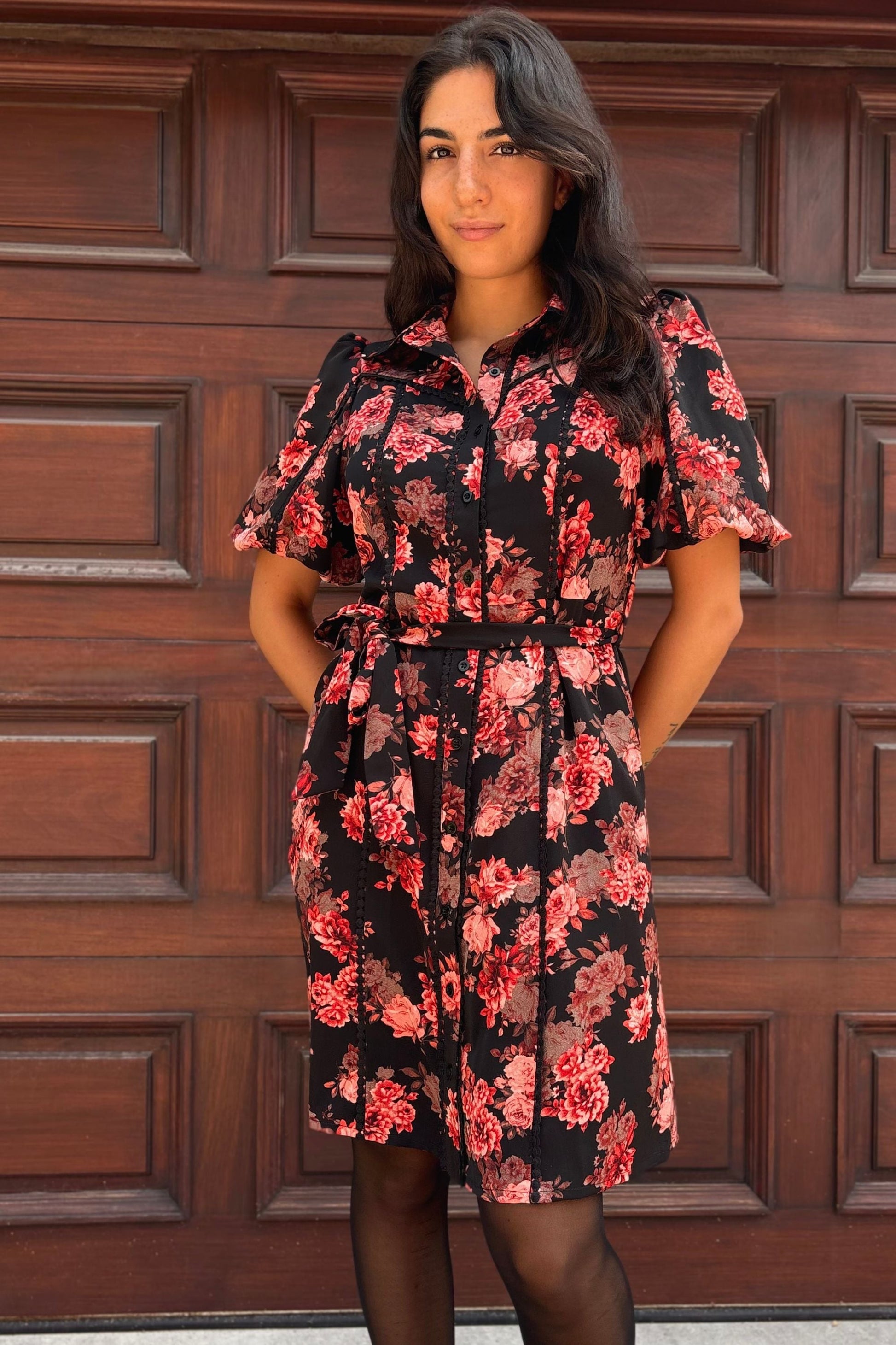 Ruby Black Floral Print Shirt Dress Belted Short Sleeves Button Front - Velora Luxury Fashion