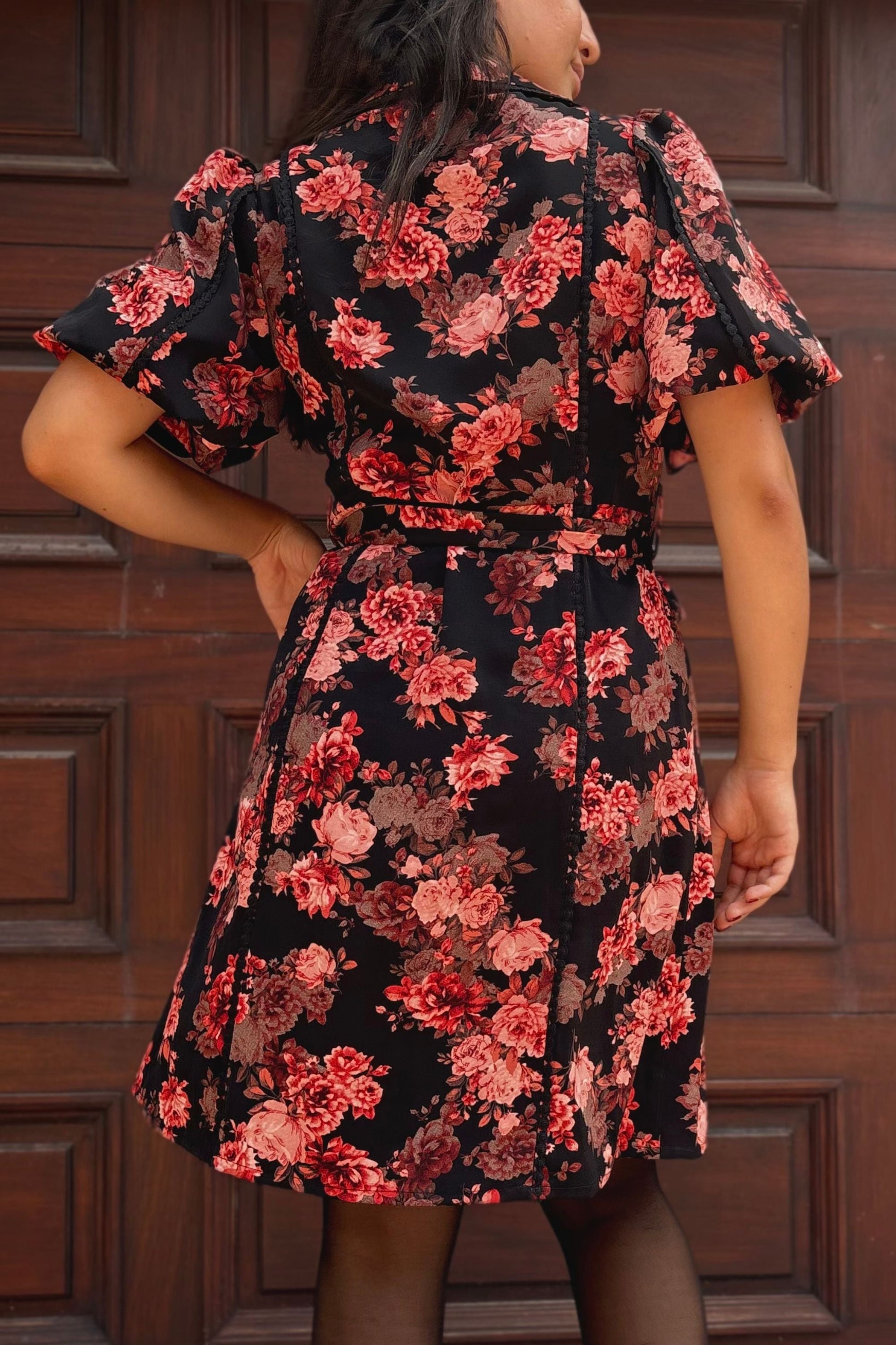 Ruby Black Floral Print Shirt Dress Belted Short Sleeves Button Front - Velora Luxury Fashion