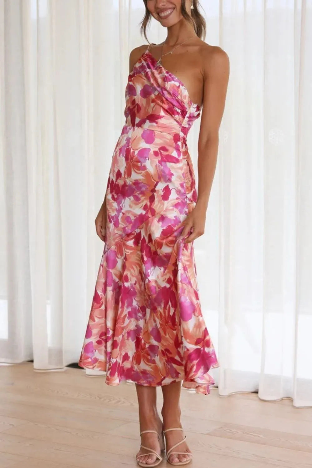 Ruched Printed Single Shoulder Midi Dress - Velora Luxury Fashion