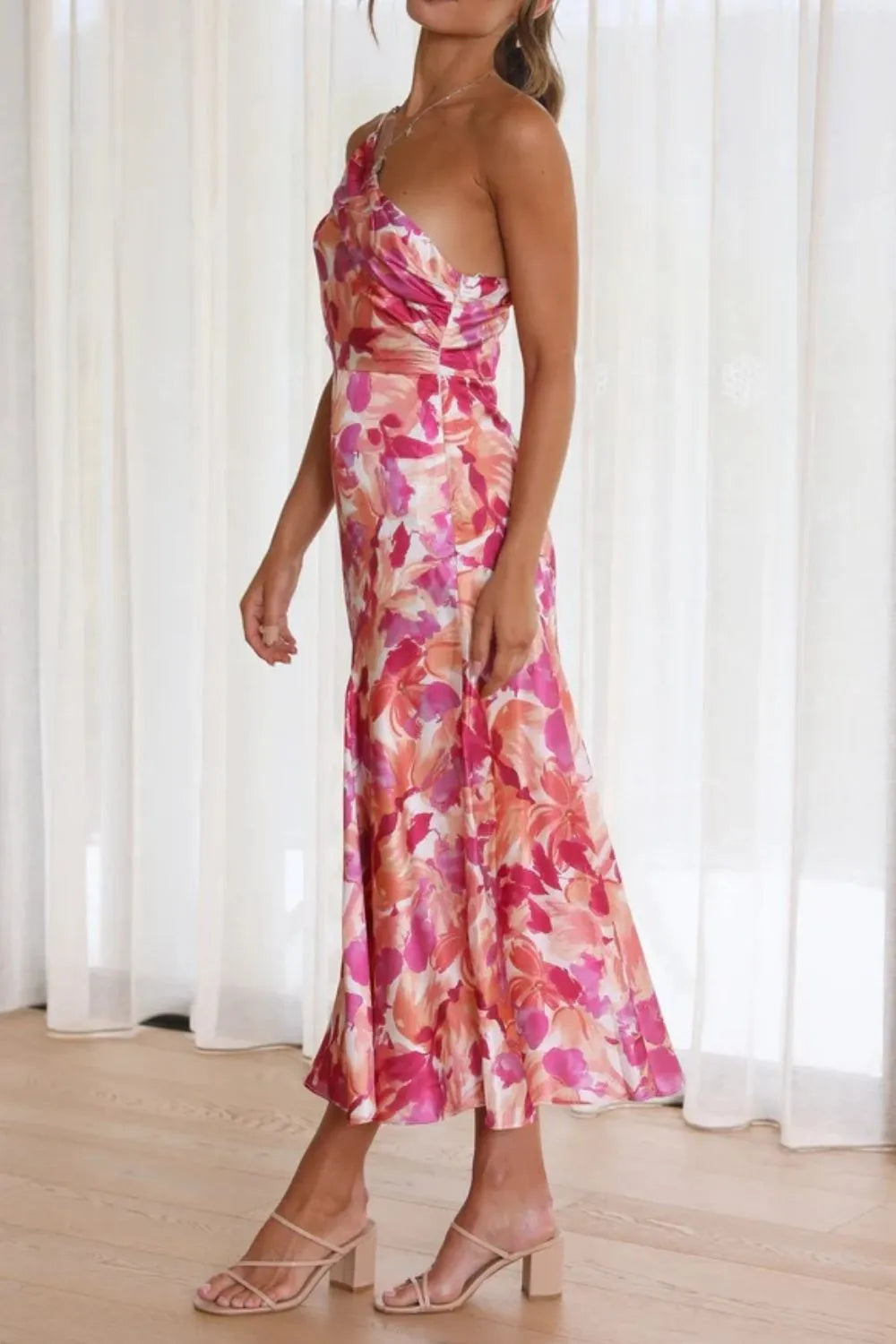 Ruched Printed Single Shoulder Midi Dress - Velora Luxury Fashion