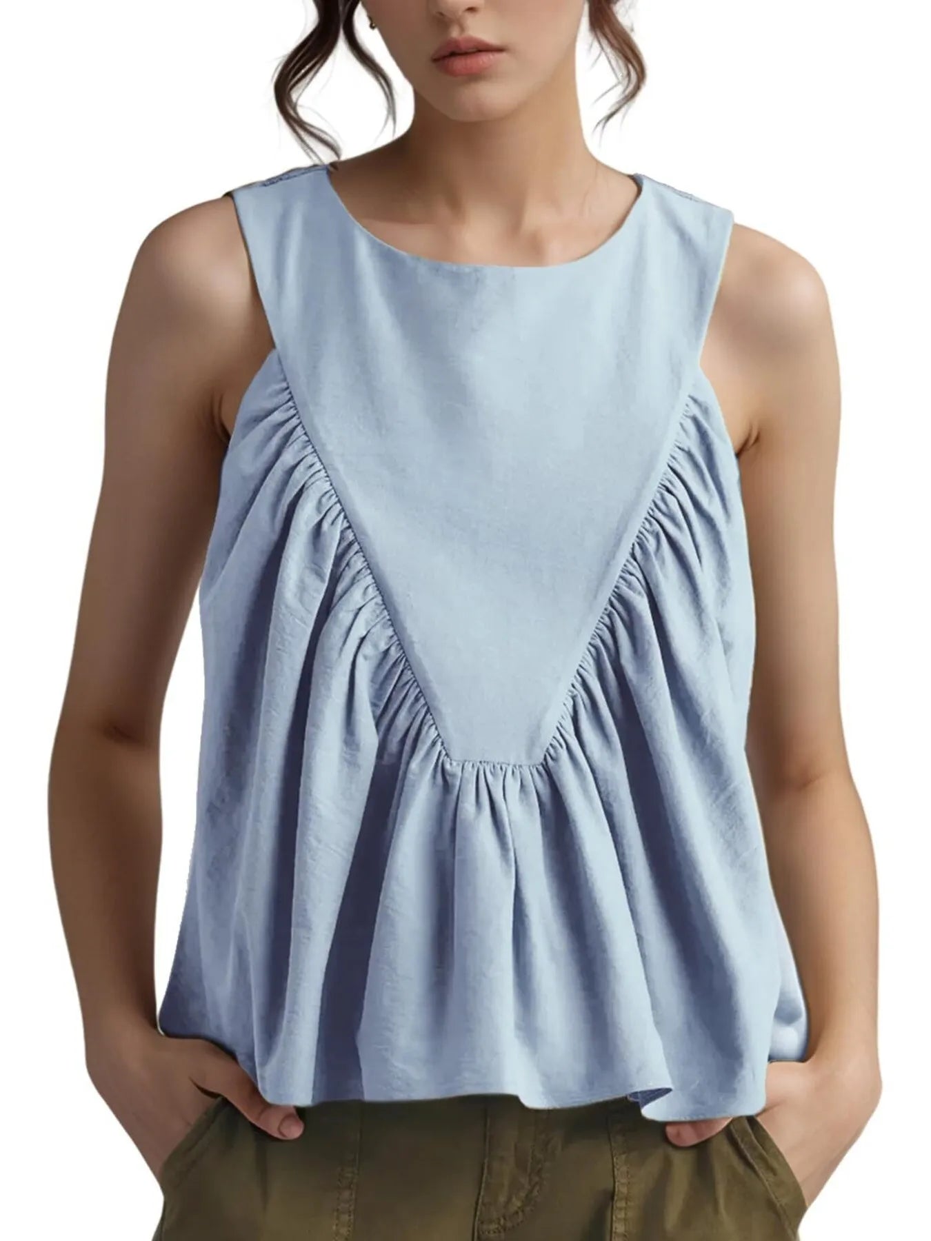 Ruched Round Neck Tank Top - Velora Luxury Fashion