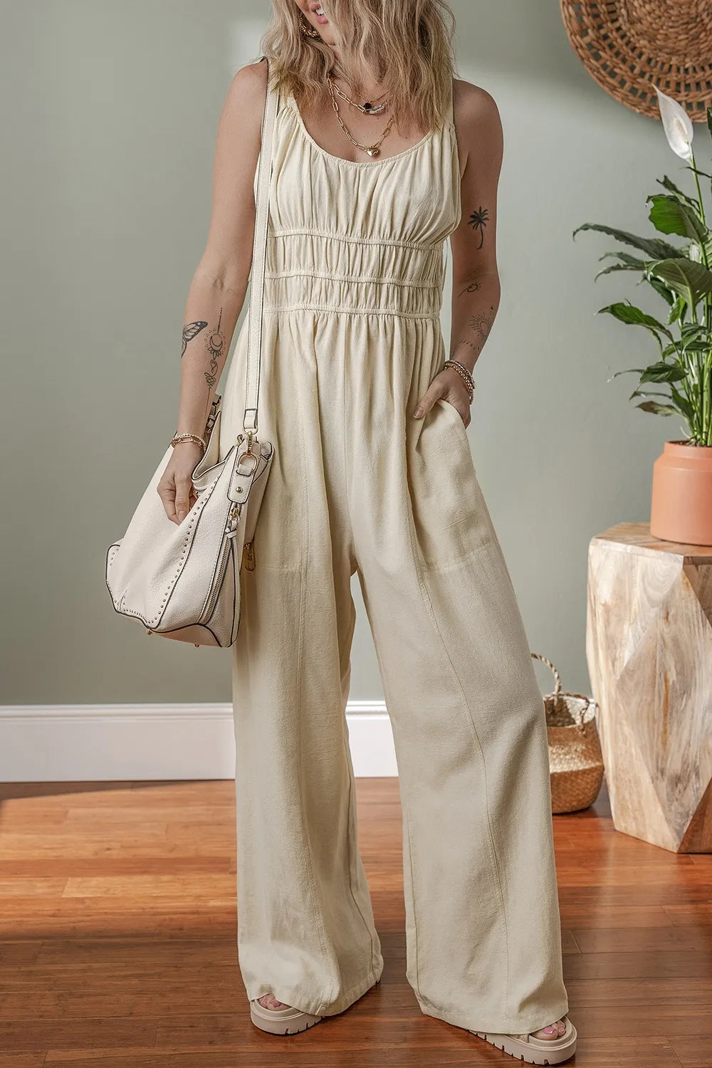 Ruched Sleeveless Wide Leg Jumpsuit - Velora Luxury Fashion