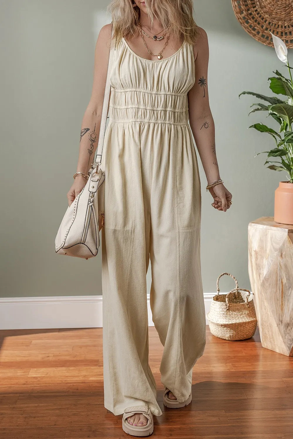 Ruched Sleeveless Wide Leg Jumpsuit - Velora Luxury Fashion