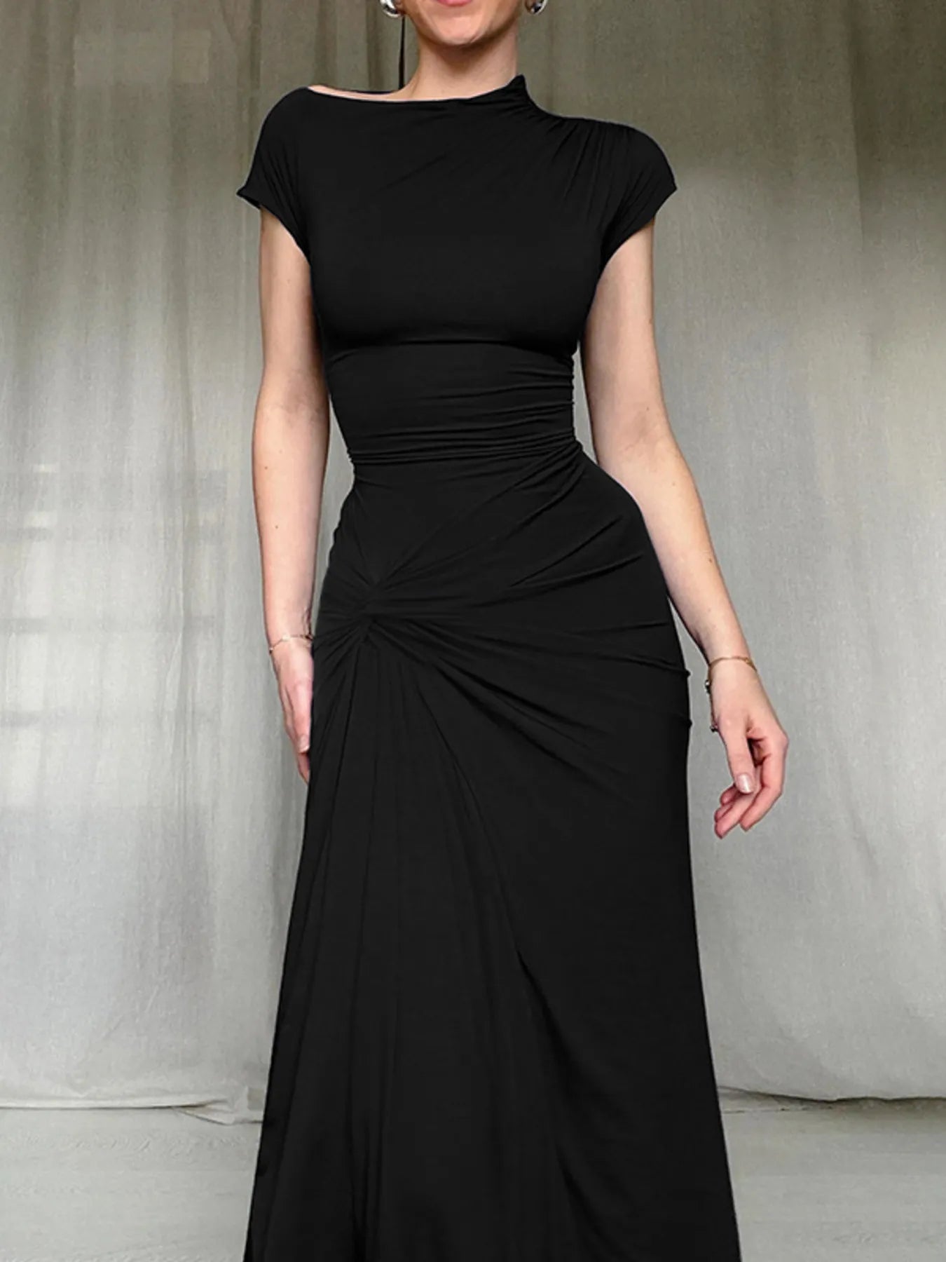 Ruched Slit Cap Sleeve Maxi Dress - Velora Luxury Fashion