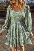 Ruffle Hem Floral Square Neck Long Sleeve Dress - Velora Luxury Fashion