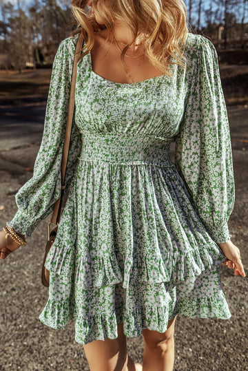 Ruffle Hem Floral Square Neck Long Sleeve Dress - Velora Luxury Fashion