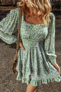 Ruffle Hem Floral Square Neck Long Sleeve Dress - Velora Luxury Fashion
