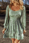 Ruffle Hem Floral Square Neck Long Sleeve Dress - Velora Luxury Fashion