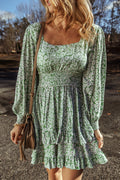 Ruffle Hem Floral Square Neck Long Sleeve Dress - Velora Luxury Fashion