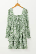 Ruffle Hem Floral Square Neck Long Sleeve Dress - Velora Luxury Fashion