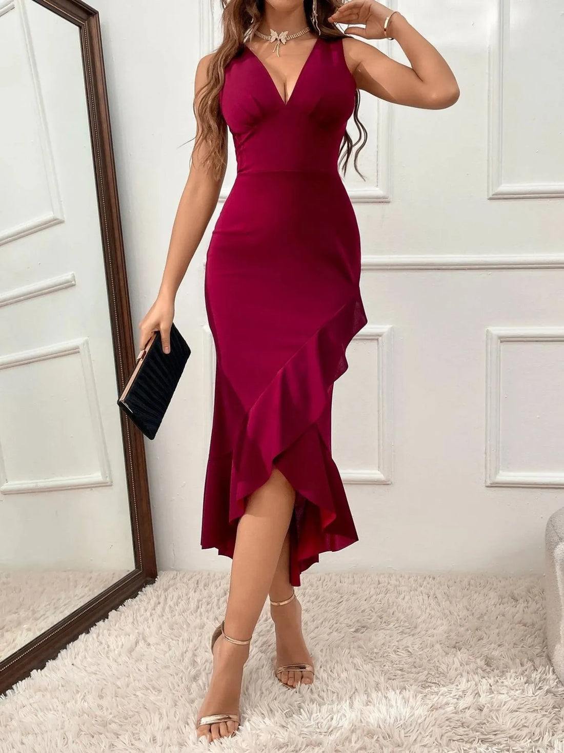 Ruffle Hem V-Neck Bodycon Dress - Velora Luxury Fashion