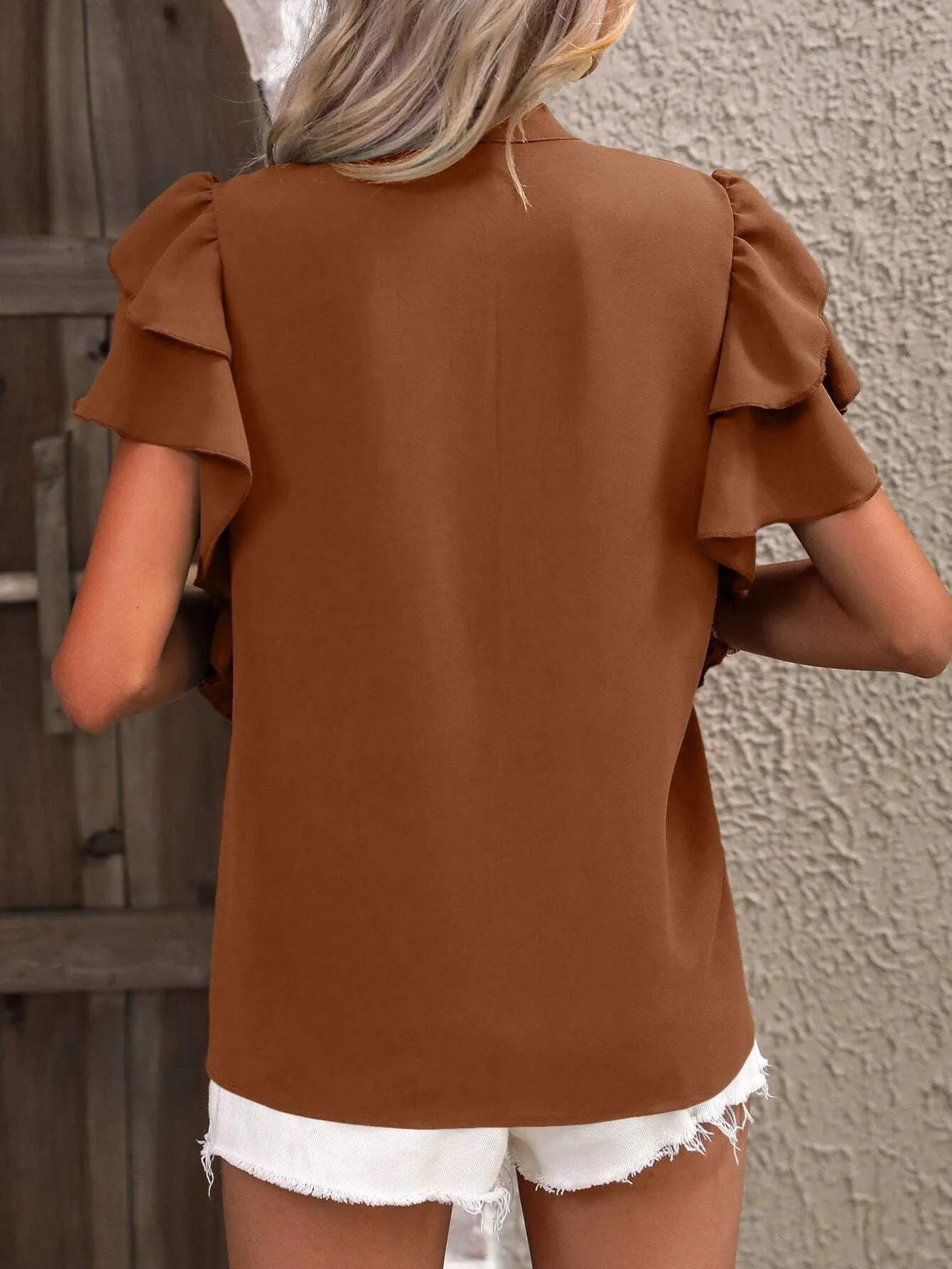 Ruffle Sleeve Notched Blouse - Velora Luxury Fashion
