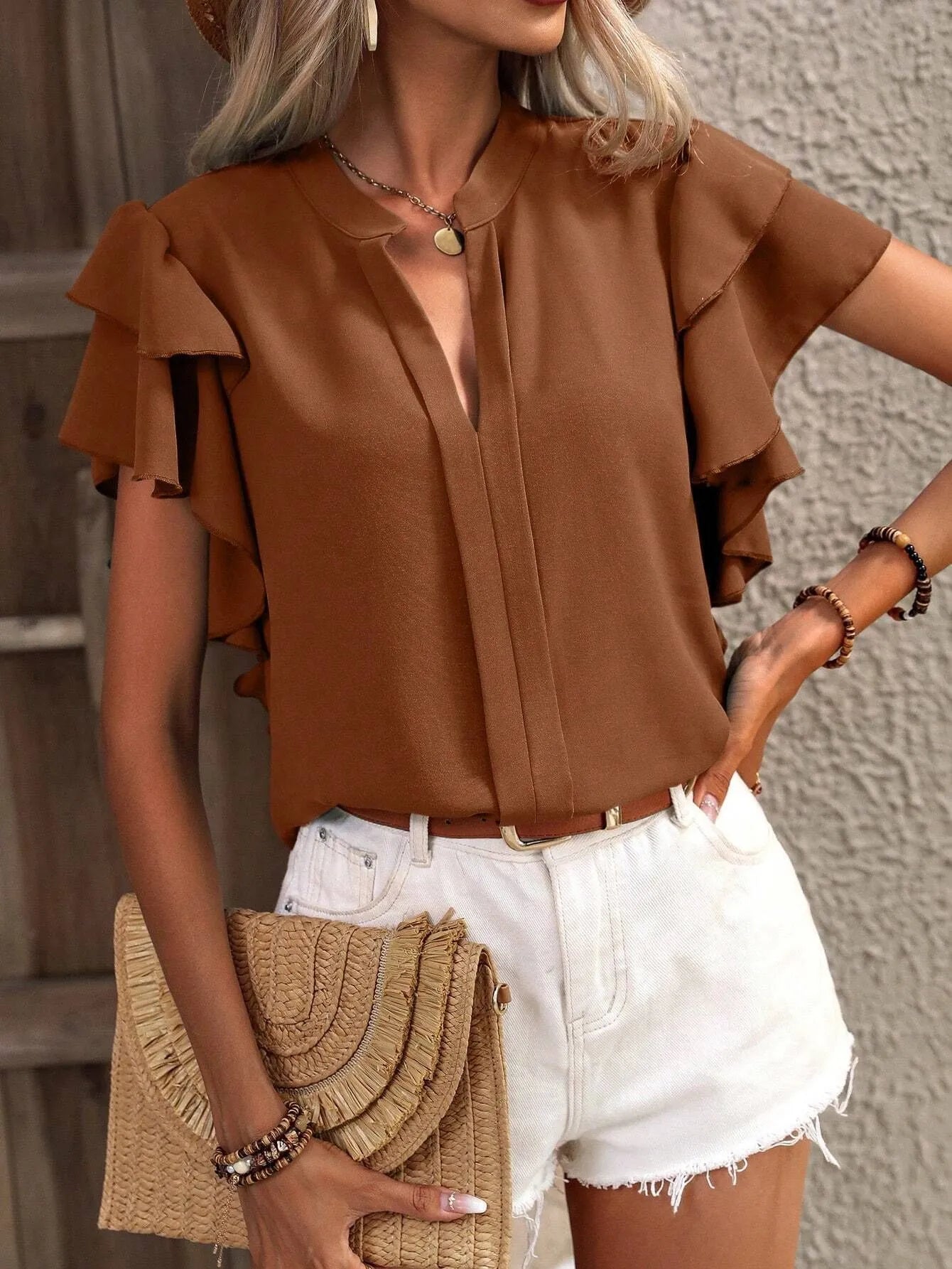 Ruffle Sleeve Notched Blouse - Velora Luxury Fashion
