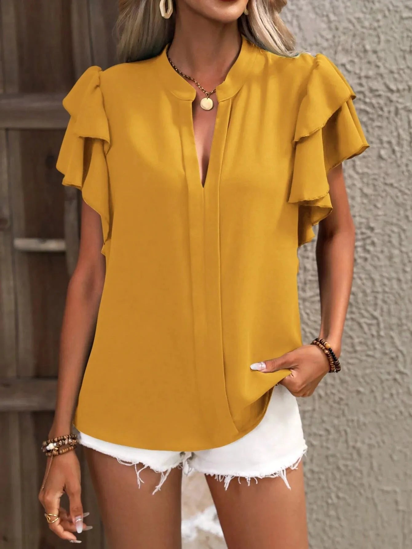 Ruffle Sleeve Notched Blouse - Velora Luxury Fashion